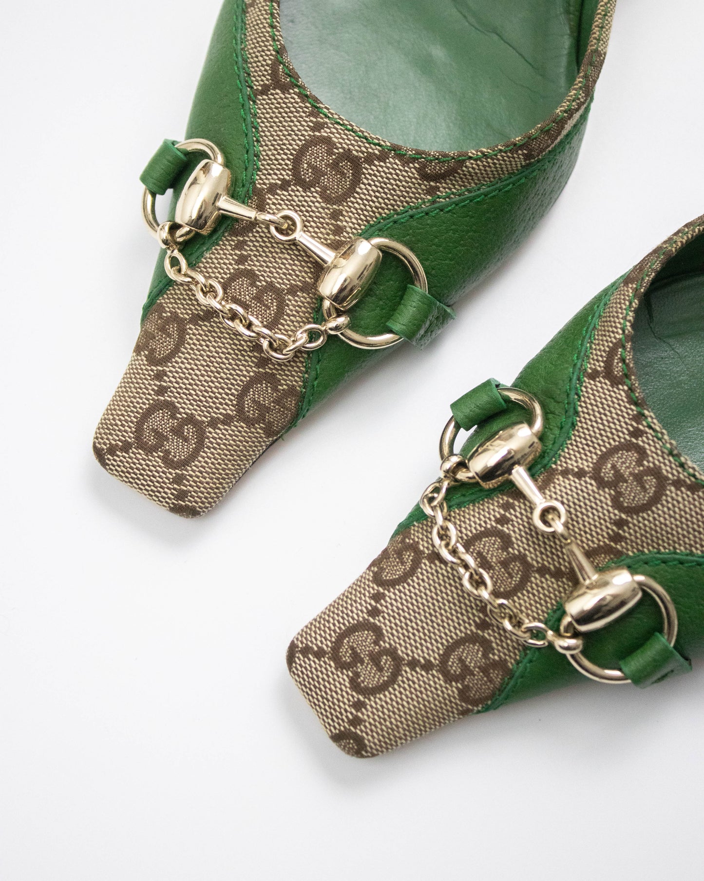Vintage Gucci by Tom Ford Green GG Monogram Horsebit Chain Detail Mules / 39 (US 9)