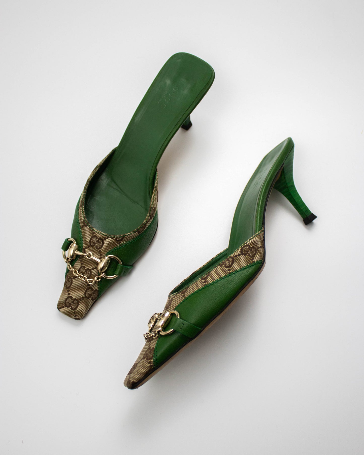 Vintage Gucci by Tom Ford Green GG Monogram Horsebit Chain Detail Mules / 39 (US 9)