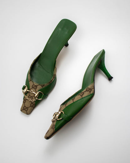 Vintage Gucci by Tom Ford Green GG Monogram Horsebit Chain Detail Mules / 39 (US 9)