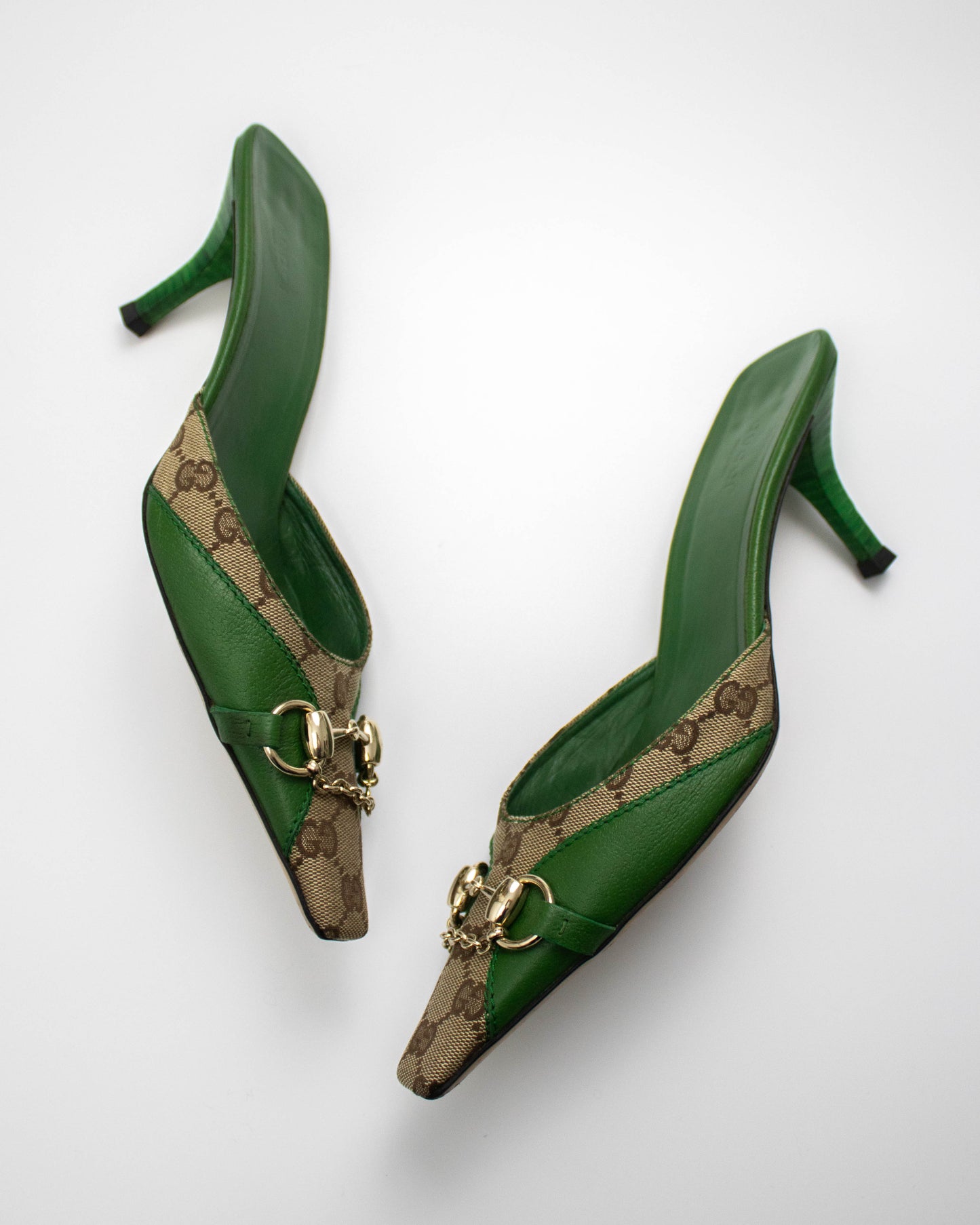 Vintage Gucci by Tom Ford Green GG Monogram Horsebit Chain Detail Mules / 39 (US 9)