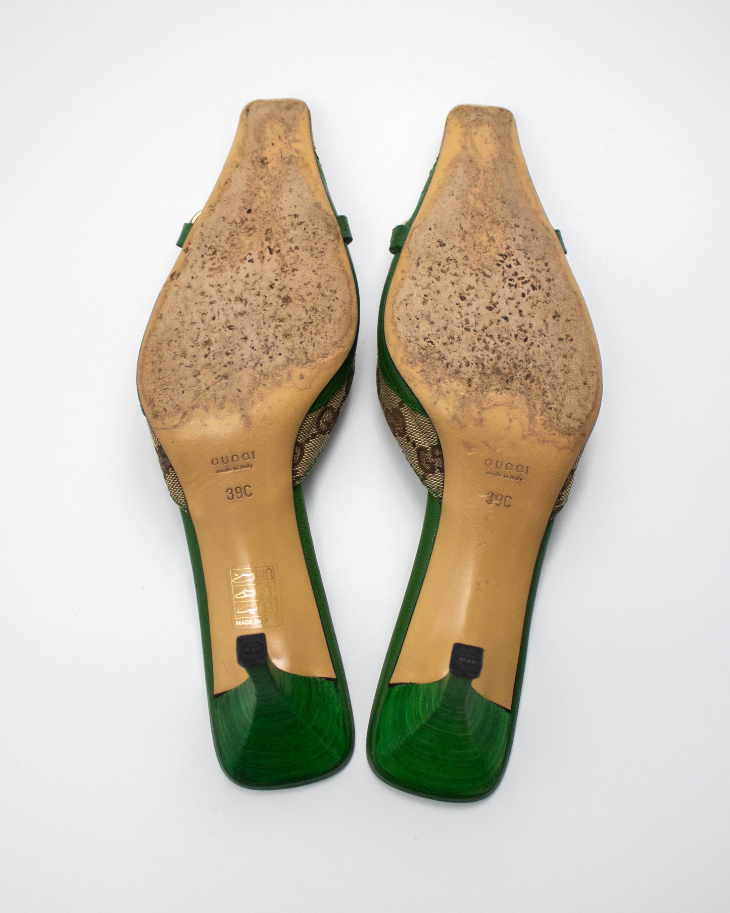 Vintage Gucci by Tom Ford Green GG Monogram Horsebit Chain Detail Mules / 39 (US 9)