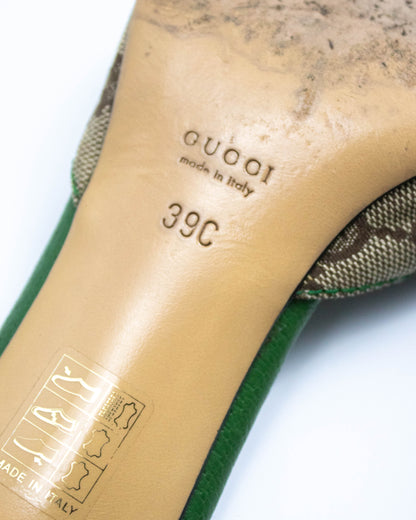 Vintage Gucci by Tom Ford Green GG Monogram Horsebit Chain Detail Mules / 39 (US 9)
