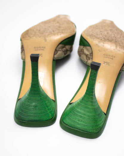 Vintage Gucci by Tom Ford Green GG Monogram Horsebit Chain Detail Mules / 39 (US 9)