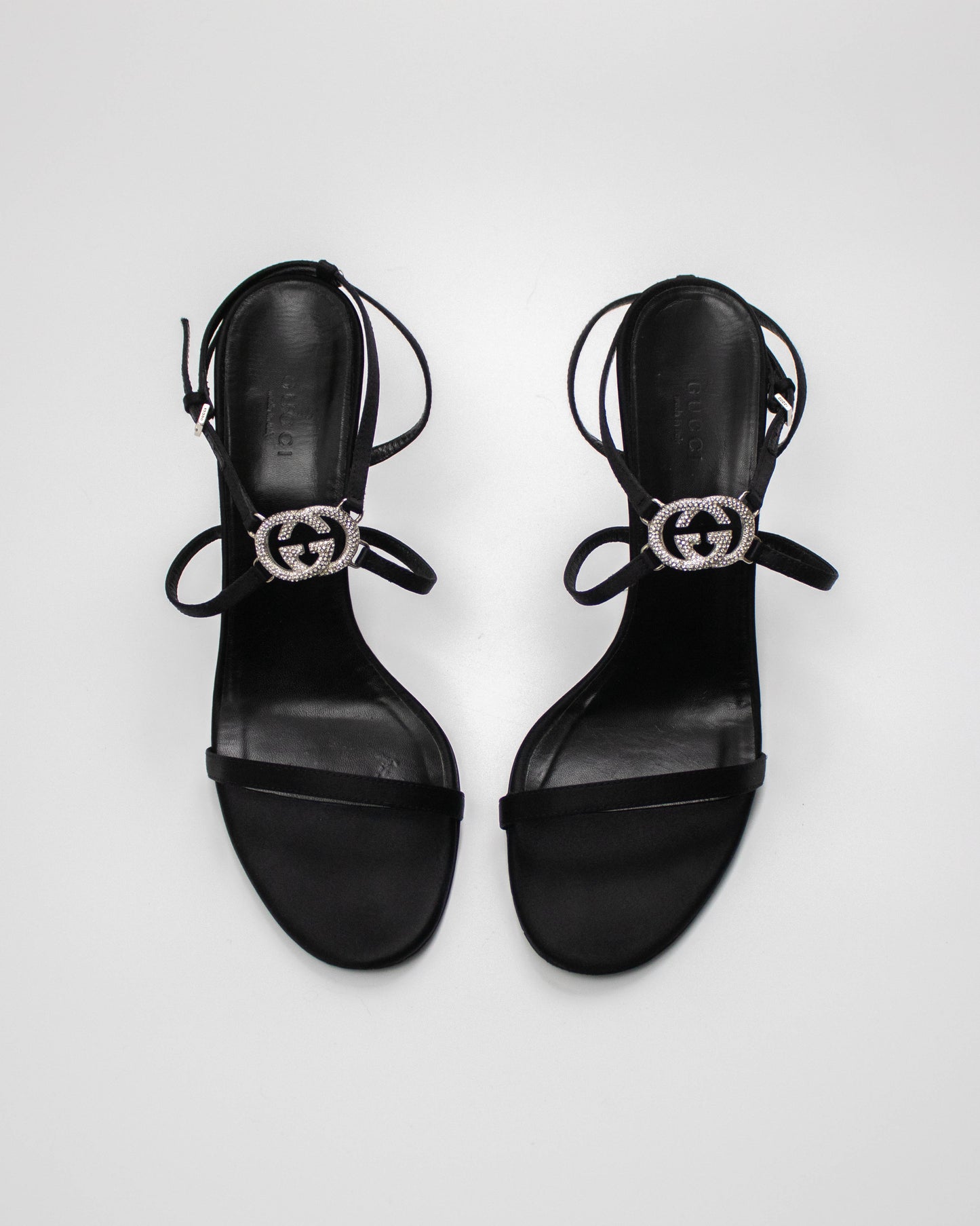 Vintage Gucci Black Satin Interlocking G Logo Strappy Sandals / 39 (US 9)