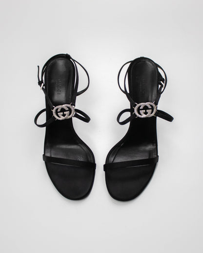 Vintage Gucci Black Satin Interlocking G Logo Strappy Sandals / 39 (US 9)