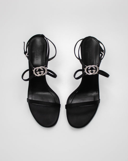 Vintage Gucci Black Satin Interlocking G Logo Strappy Sandals / 39 (US 9)
