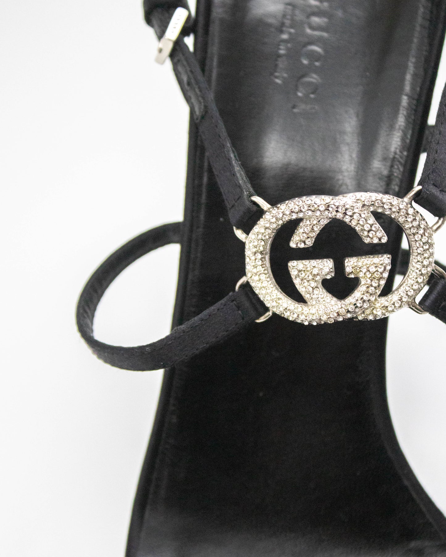 Vintage Gucci Black Satin Interlocking G Logo Strappy Sandals / 39 (US 9)