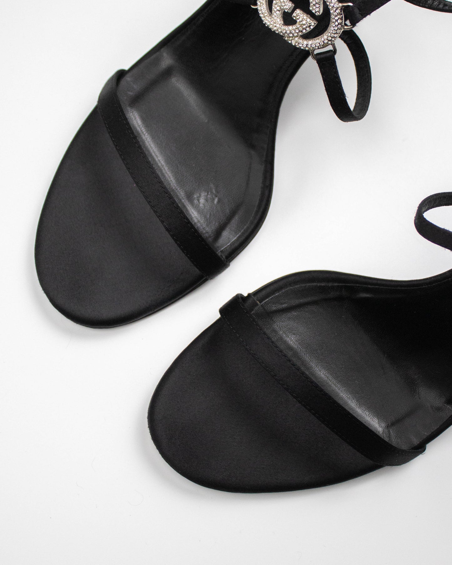 Vintage Gucci Black Satin Interlocking G Logo Strappy Sandals / 39 (US 9)