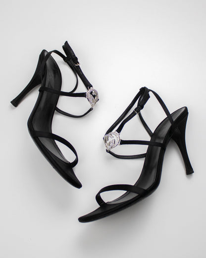 Vintage Gucci Black Satin Interlocking G Logo Strappy Sandals / 39 (US 9)