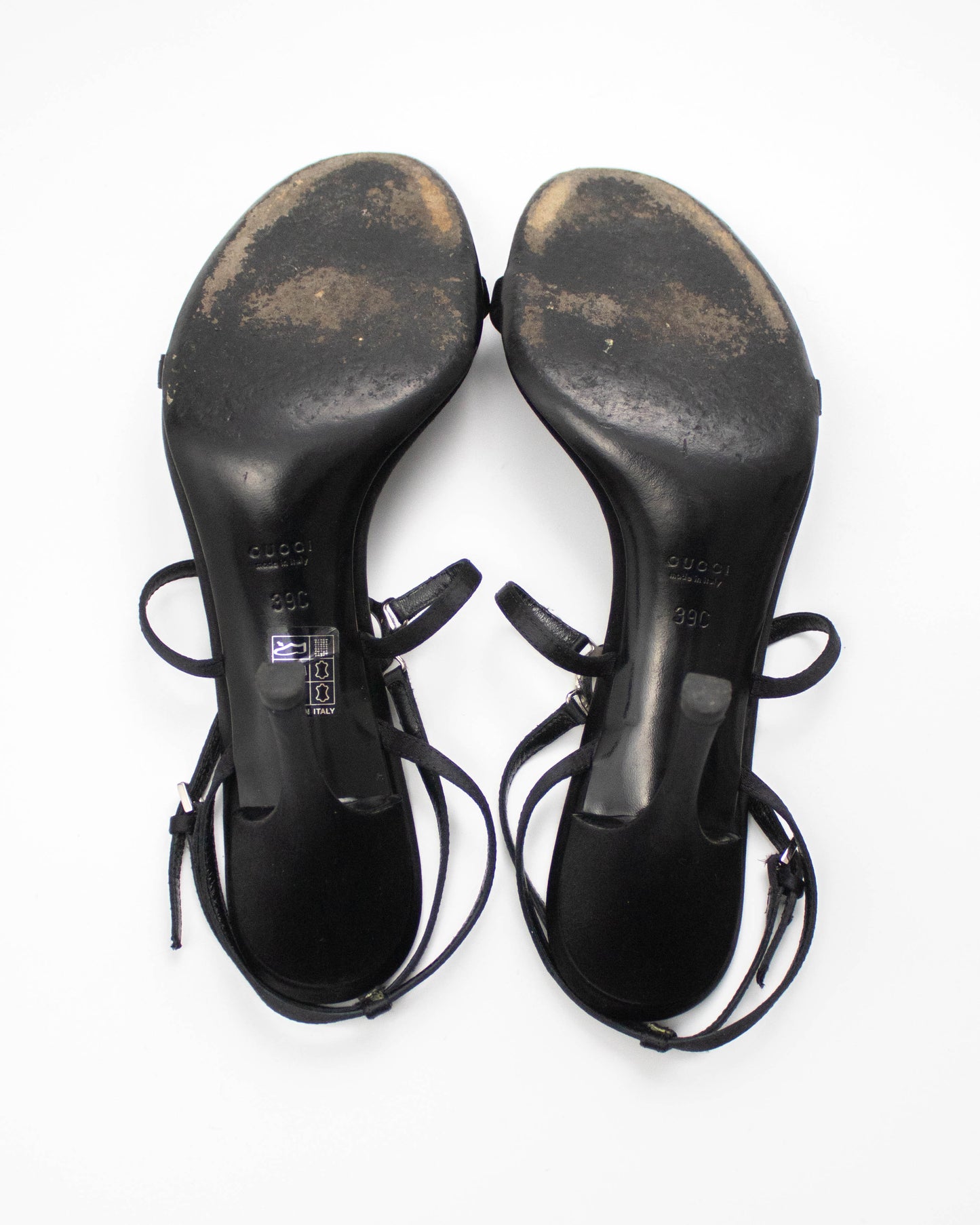 Vintage Gucci Black Satin Interlocking G Logo Strappy Sandals / 39 (US 9)