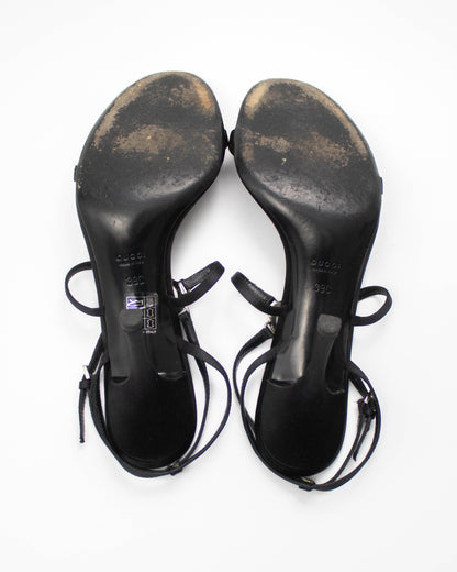 Vintage Gucci Black Satin Interlocking G Logo Strappy Sandals / 39 (US 9)