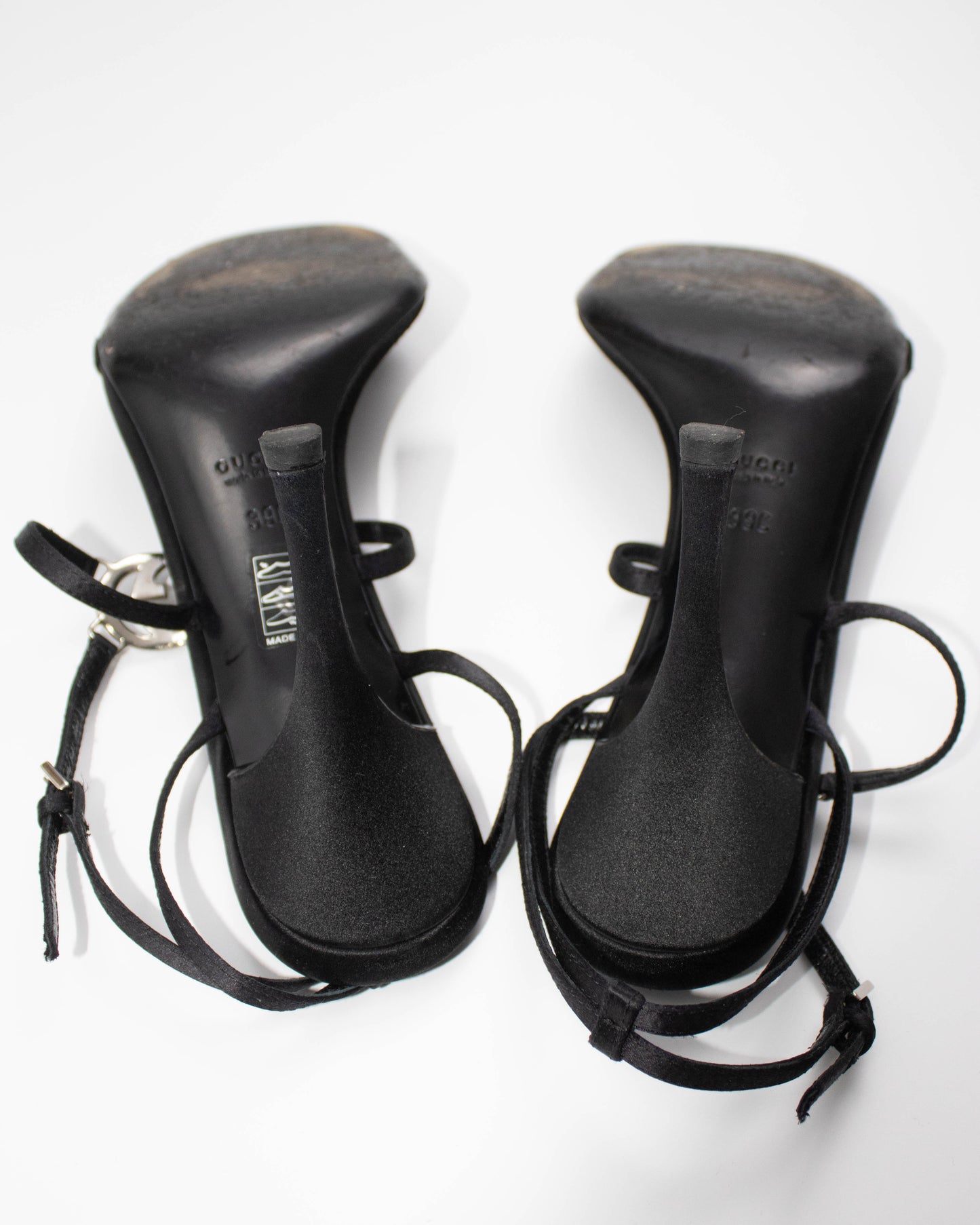 Vintage Gucci Black Satin Interlocking G Logo Strappy Sandals / 39 (US 9)