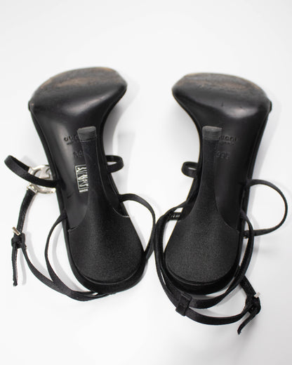 Vintage Gucci Black Satin Interlocking G Logo Strappy Sandals / 39 (US 9)