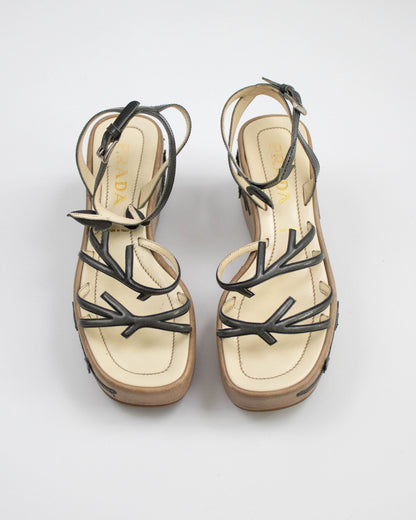 Vintage S/S 1997 Prada Gray Floral Vine Leaf Applique Runway Wedge Sandals / 38 (US 8)