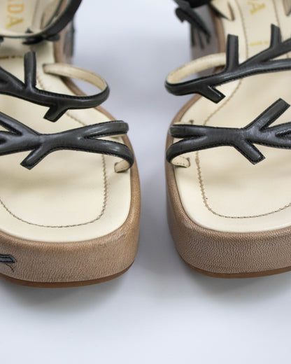 Vintage S/S 1997 Prada Gray Floral Vine Leaf Applique Runway Wedge Sandals / 38 (US 8)