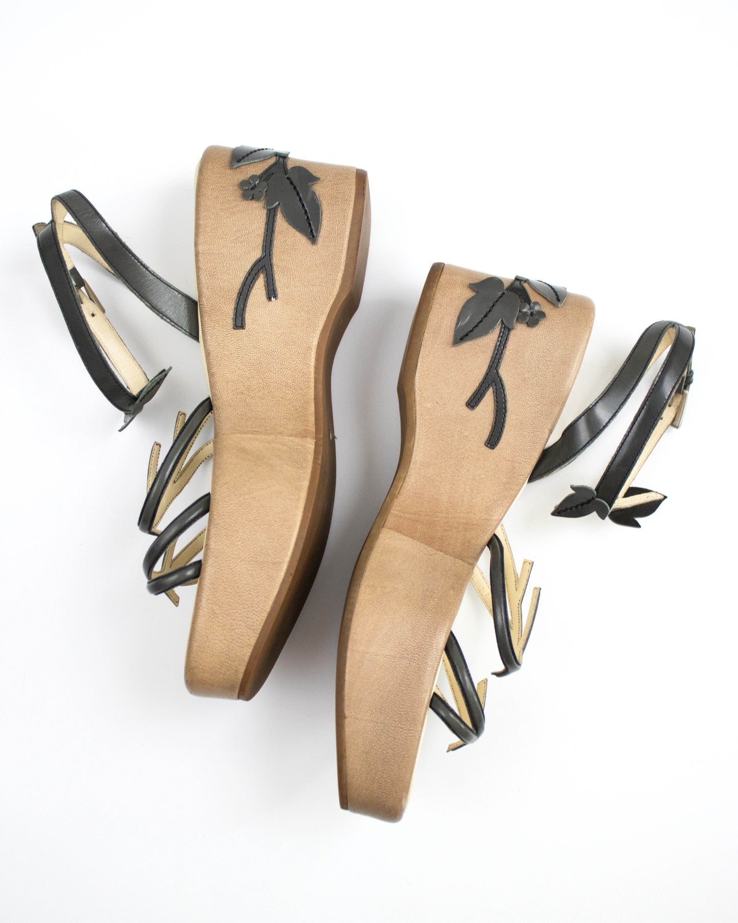 Vintage S/S 1997 Prada Gray Floral Vine Leaf Applique Runway Wedge Sandals / 38 (US 8)