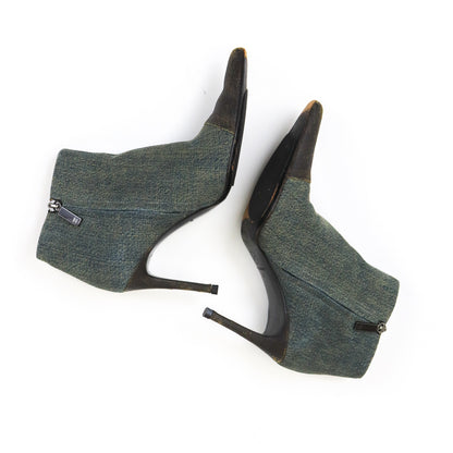 Vintage F/W 2000 Chanel Distressed Denim Leather Boots Runway Heels / 37 (US 7)