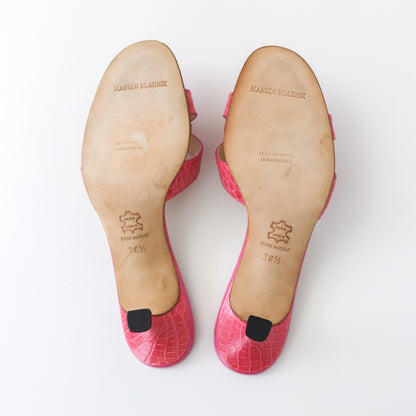 Vintage Manolo Blahnik Callamu Pink Croc Kitten Heel Mules / 36.5 (US 6.5)