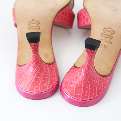 Vintage Manolo Blahnik Callamu Pink Croc Kitten Heel Mules / 36.5 (US 6.5)