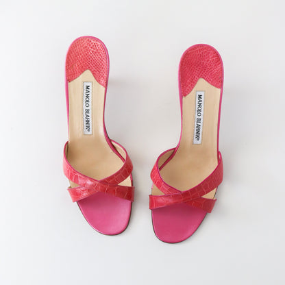 Vintage Manolo Blahnik Callamu Pink Croc Kitten Heel Mules / 36.5 (US 6.5)