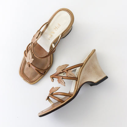 Vintage S/S 1997 Prada Leather Wedge Heels Floral Vine Leaf Applique Mules / 35.5-36 (US 5.5-6)