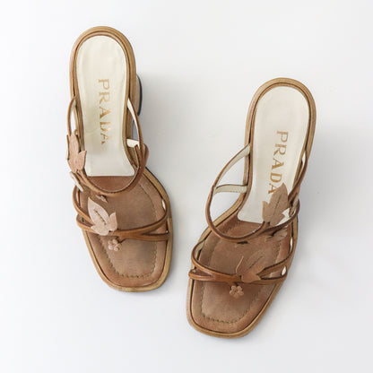 Vintage S/S 1997 Prada Leather Wedge Heels Floral Vine Leaf Applique Mules / 35.5-36 (US 5.5-6)