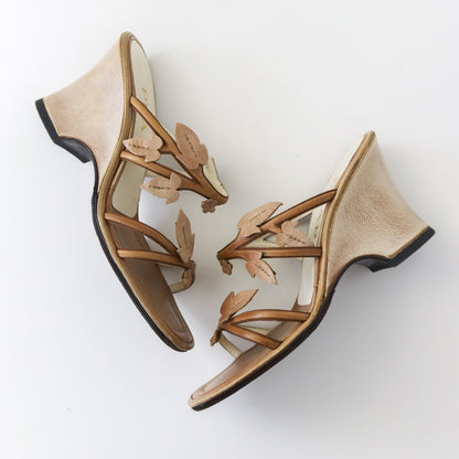 Vintage S/S 1997 Prada Leather Wedge Heels Floral Vine Leaf Applique Mules / 35.5-36 (US 5.5-6)