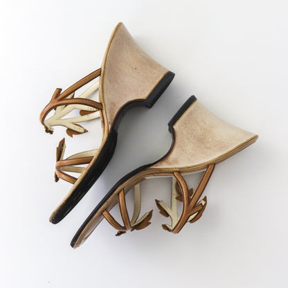 Vintage S/S 1997 Prada Leather Wedge Heels Floral Vine Leaf Applique Mules / 35.5-36 (US 5.5-6)