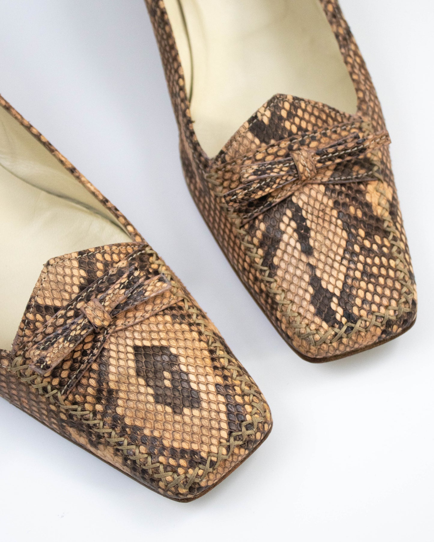 Vintage Prada Python Print Kitten Heel Bow Detail Loafers / 39.5 (US 9.5)