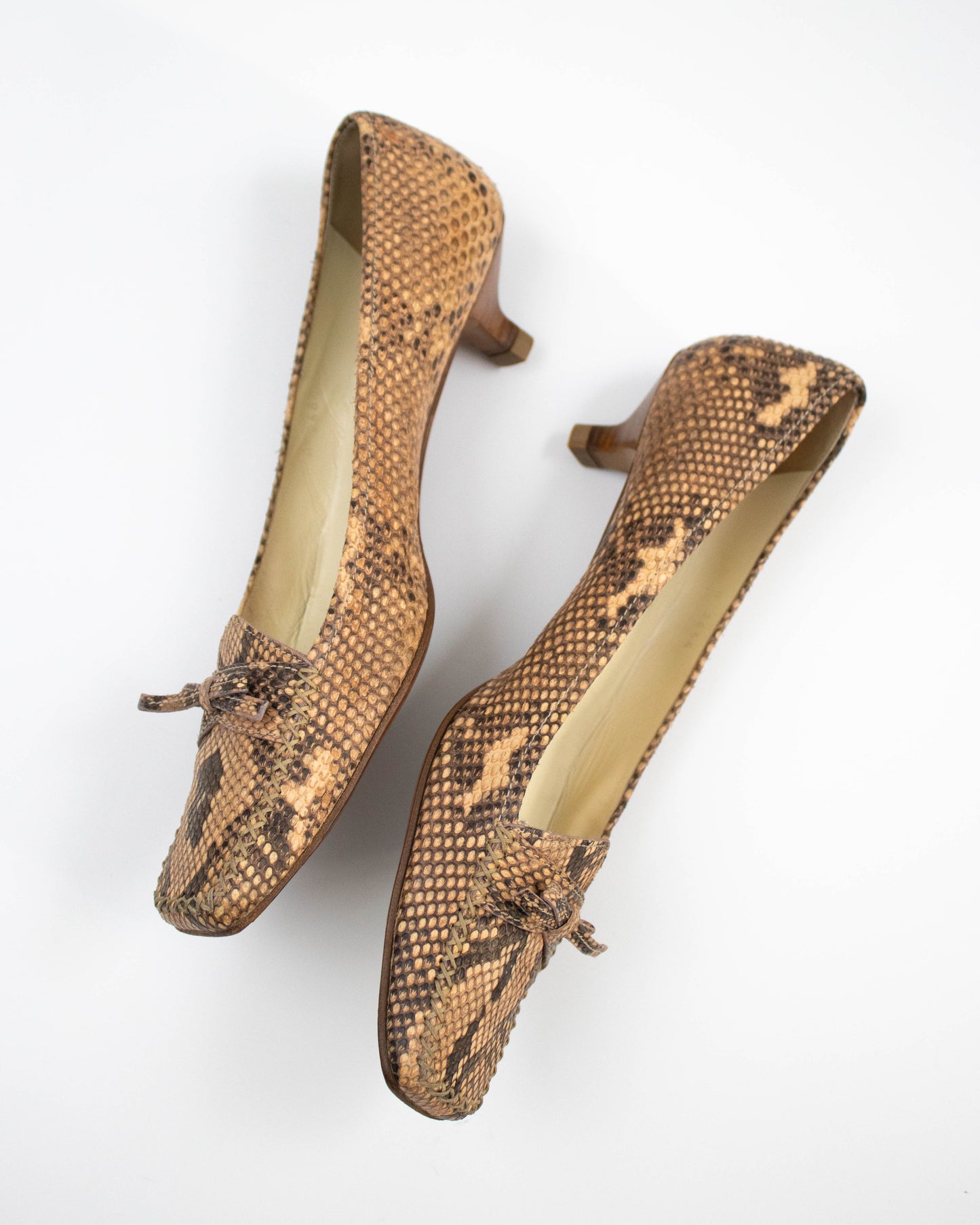 Vintage Prada Python Print Kitten Heel Bow Detail Loafers / 39.5 (US 9.5)