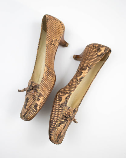 Vintage Prada Python Print Kitten Heel Bow Detail Loafers / 39.5 (US 9.5)
