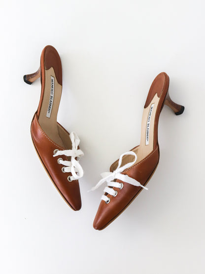Vintage Manolo Blahnik Sneaker Mules Shoelaces Detail Kitten Heels / 36.5 (US 6.5)