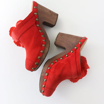 Vintage S/S 2010 Chanel Red Suede Wooden Clogs Large Poppy Flower Heels / 37 (US 7)