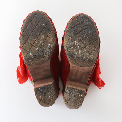 Vintage S/S 2010 Chanel Red Suede Wooden Clogs Large Poppy Flower Heels / 37 (US 7)