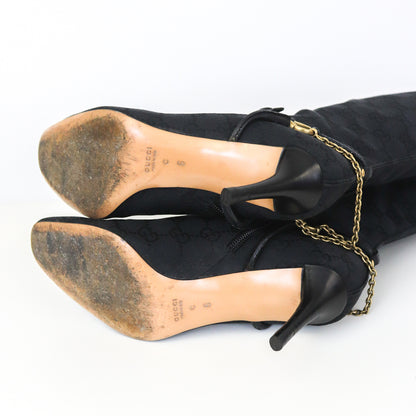 Vintage Gucci by Tom Ford Canvas Monogram Boots Horsebit Chain Heels / 36 (US 6)