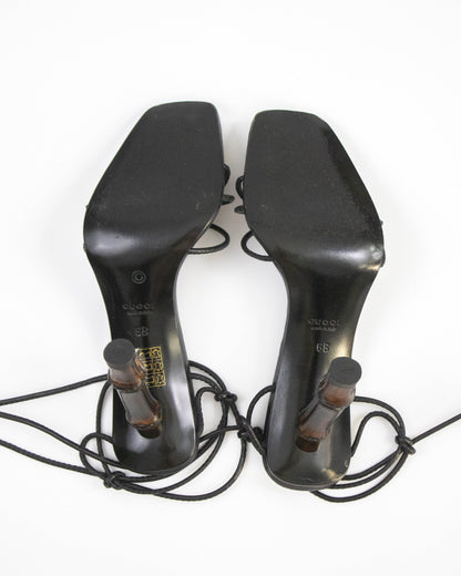Vintage S/S 2002 Gucci by Tom Ford Black Ankle Wrap Bamboo Heels / 36 (US 6)