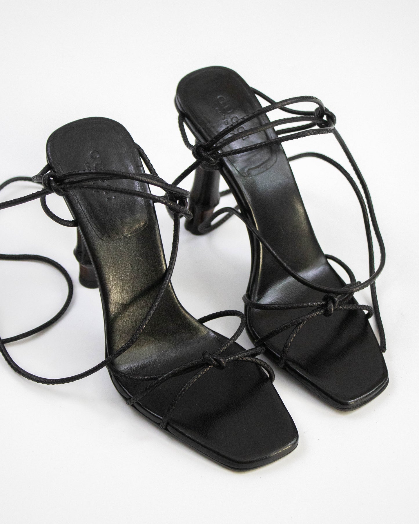 Vintage S/S 2002 Gucci by Tom Ford Black Ankle Wrap Bamboo Heels / 36 (US 6)