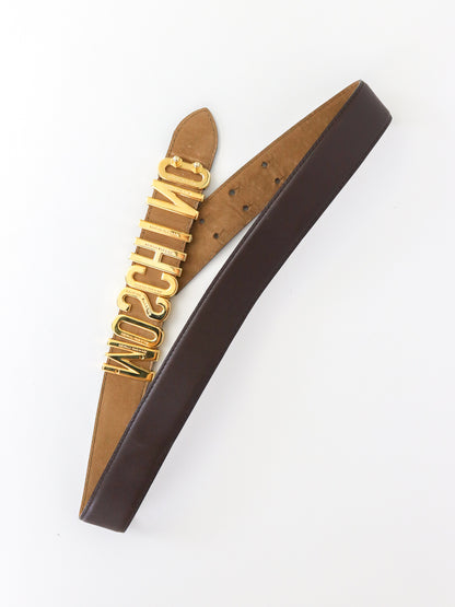 Vintage 1990s Moschino Redwall Brown Leather Belt Gold Letters Sign / IT 44 (M)