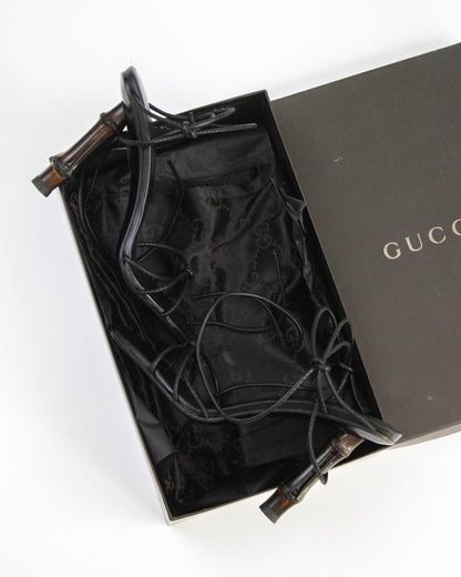 Vintage S/S 2002 Gucci by Tom Ford Black Ankle Wrap Bamboo Heels / 36 (US 6)