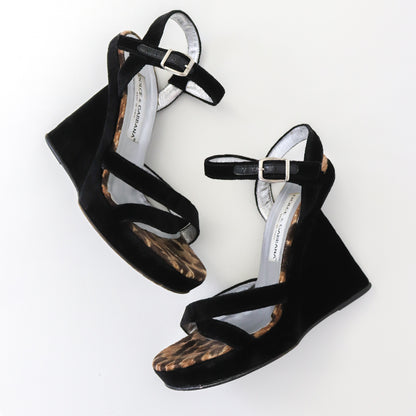 Vintage 1998 Dolce&Gabbana Velvet Wedge Platform Leopard Trim Sandals / 38 (US 8)