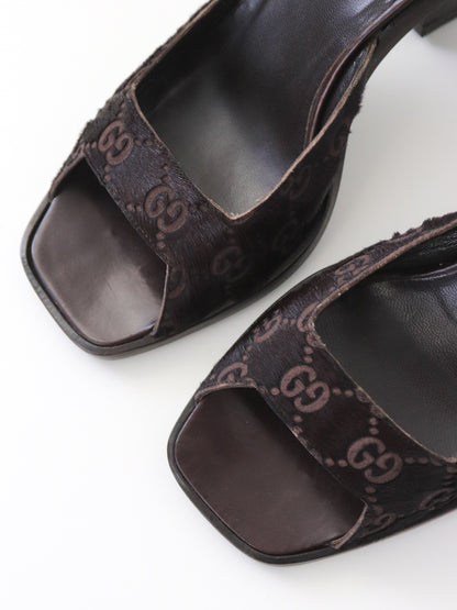 Vintage 1997 Gucci by Tom Ford Brown Fur GG Monogram Mules / 36 (US 6)