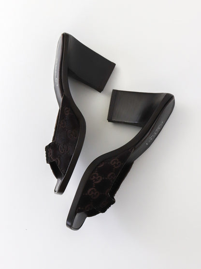 Vintage 1997 Gucci by Tom Ford Brown Fur GG Monogram Mules / 36 (US 6)