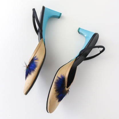 Vintage S/S 1999 Gucci Tom Ford Runway Satin Peacock Feather Kitten Heel Mules / 36.5 (US 6.5)