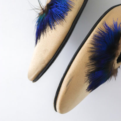 Vintage S/S 1999 Gucci Tom Ford Runway Satin Peacock Feather Kitten Heel Mules / 36.5 (US 6.5)