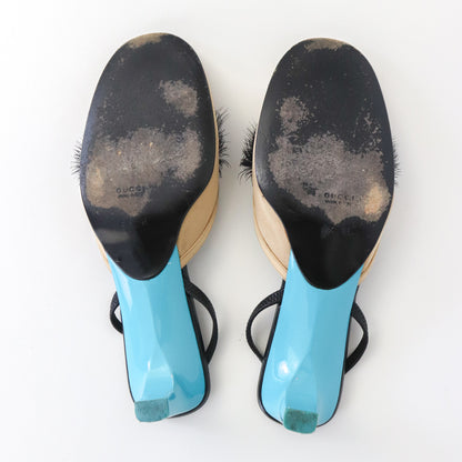 Vintage S/S 1999 Gucci Tom Ford Runway Satin Peacock Feather Kitten Heel Mules / 36.5 (US 6.5)