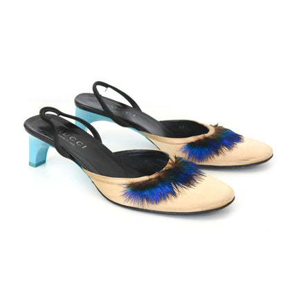 Vintage S/S 1999 Gucci Tom Ford Runway Satin Peacock Feather Kitten Heel Mules / 36.5 (US 6.5)