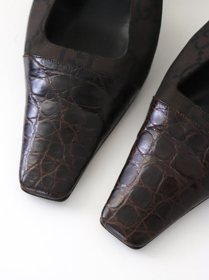 S/S 1998 Gucci by Tom Ford Brown GG Monogram Croc Square G Slingback Heels / 40 (US 10)