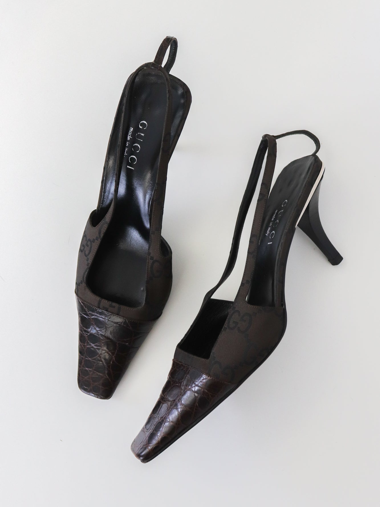 S/S 1998 Gucci by Tom Ford Brown GG Monogram Croc Square G Slingback Heels / 40 (US 10)
