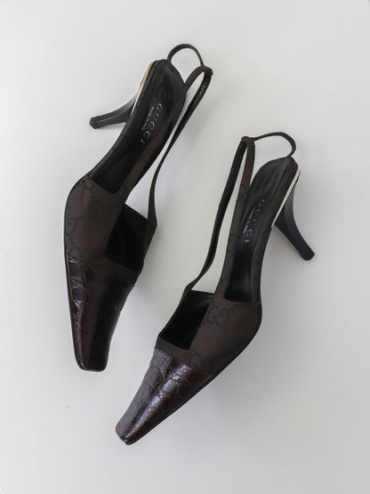 S/S 1998 Gucci by Tom Ford Brown GG Monogram Croc Square G Slingback Heels / 40 (US 10)
