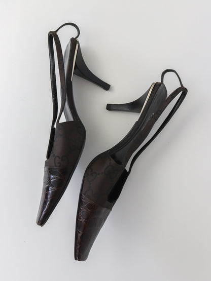S/S 1998 Gucci by Tom Ford Brown GG Monogram Croc Square G Slingback Heels / 40 (US 10)